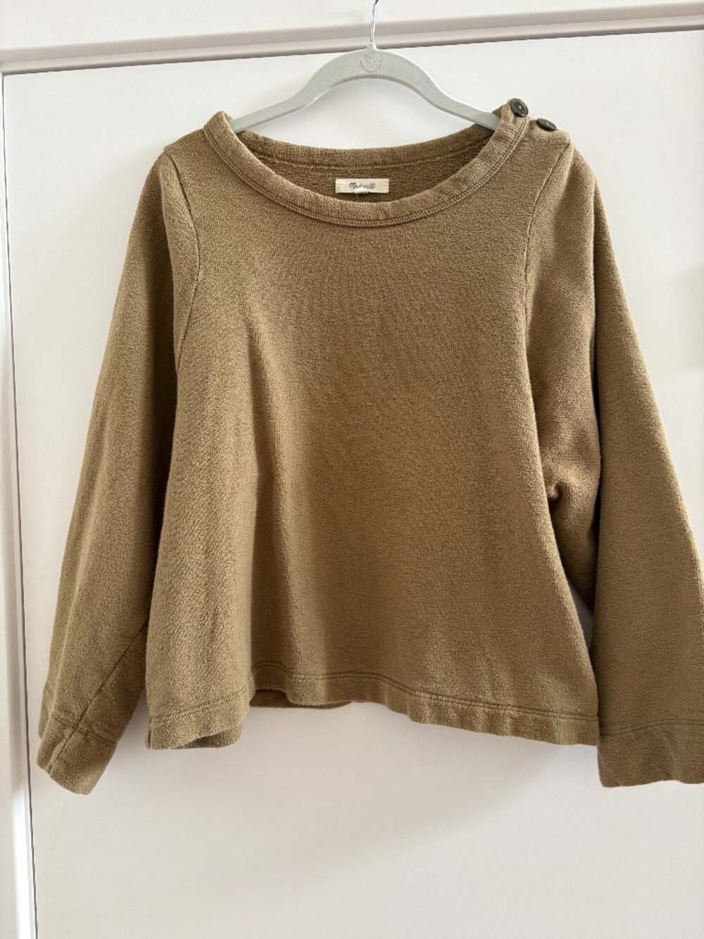 Madewell Earthy Brown Textured Boucle Knit Shoulder Button Sweatshirt, M
